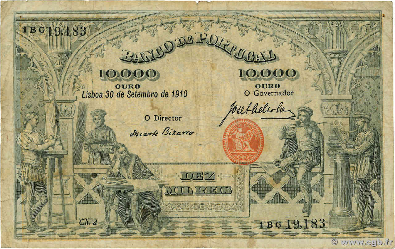 10000 Reis PORTUGAL  1910 P.108a F
