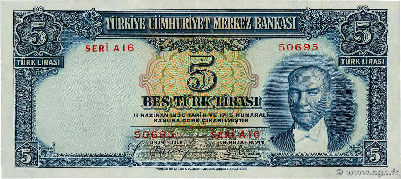 5 Lira TURKEY  1937 P.127 AU