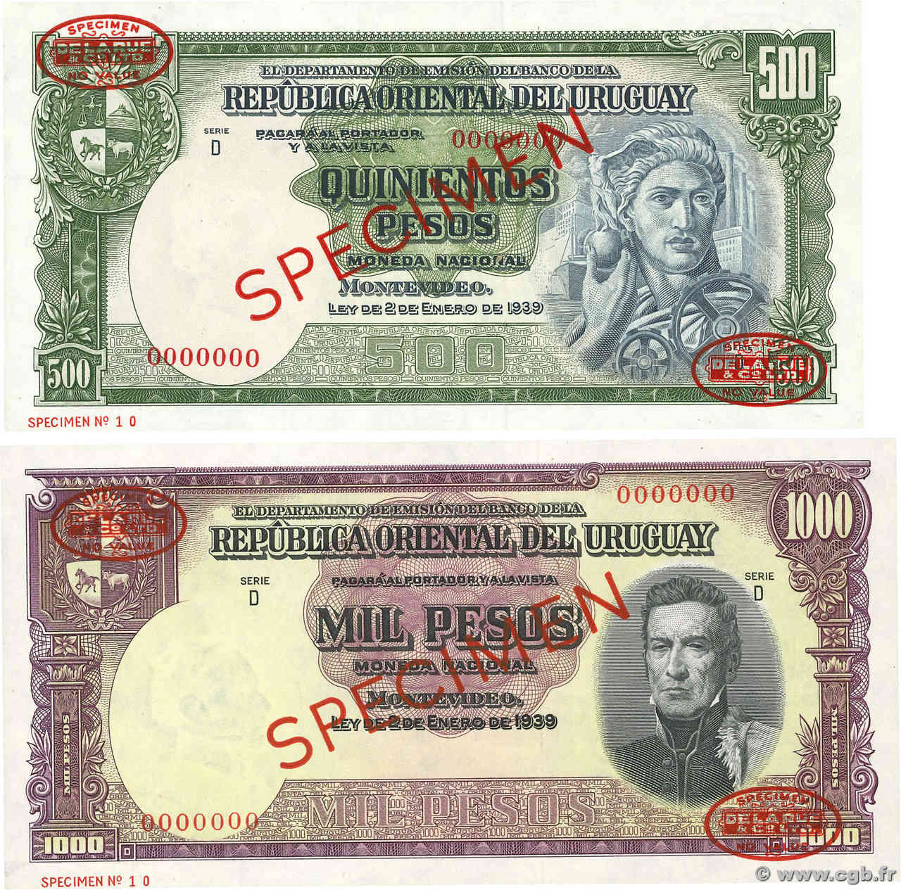 500 et 1000 Pesos Spécimen URUGUAY  1939 P.040cs et P.041cs SUP