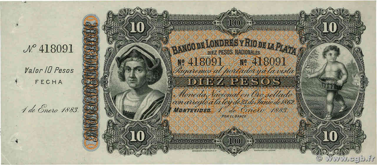 10 Pesos Non émis URUGUAY  1883 PS.242r q.FDC