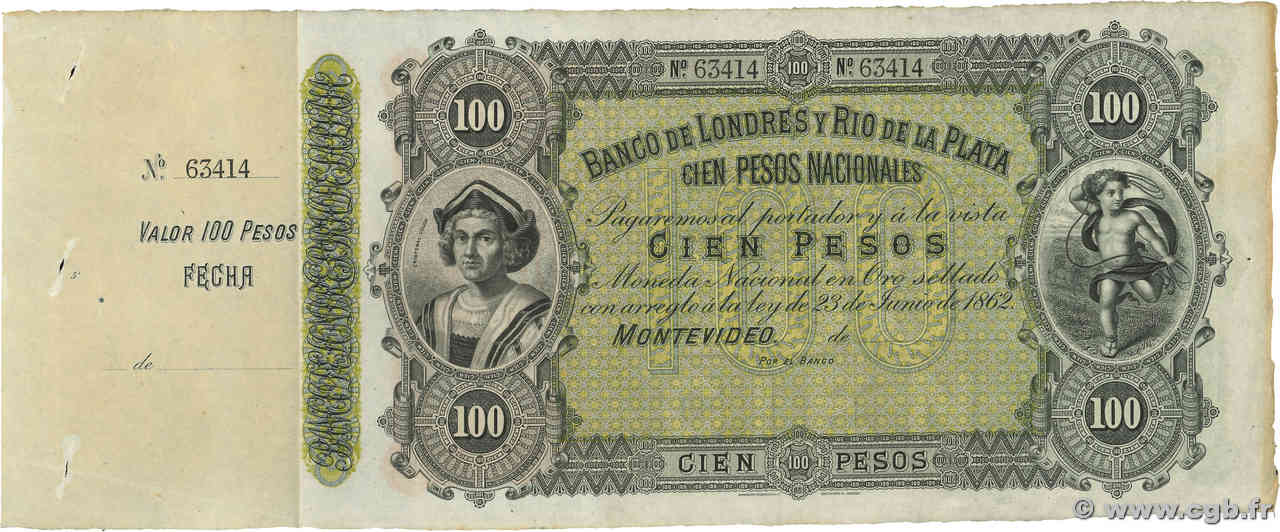 100 Pesos Non émis URUGUAY  1883 PS.245r VZ+