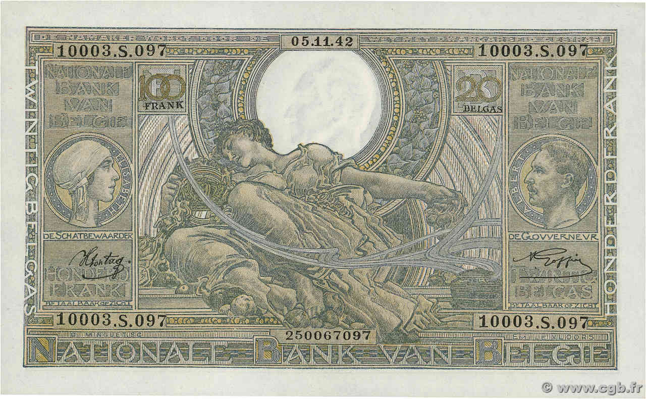 100 Francs - 20 Belgas BELGIUM  1942 P.107 UNC-