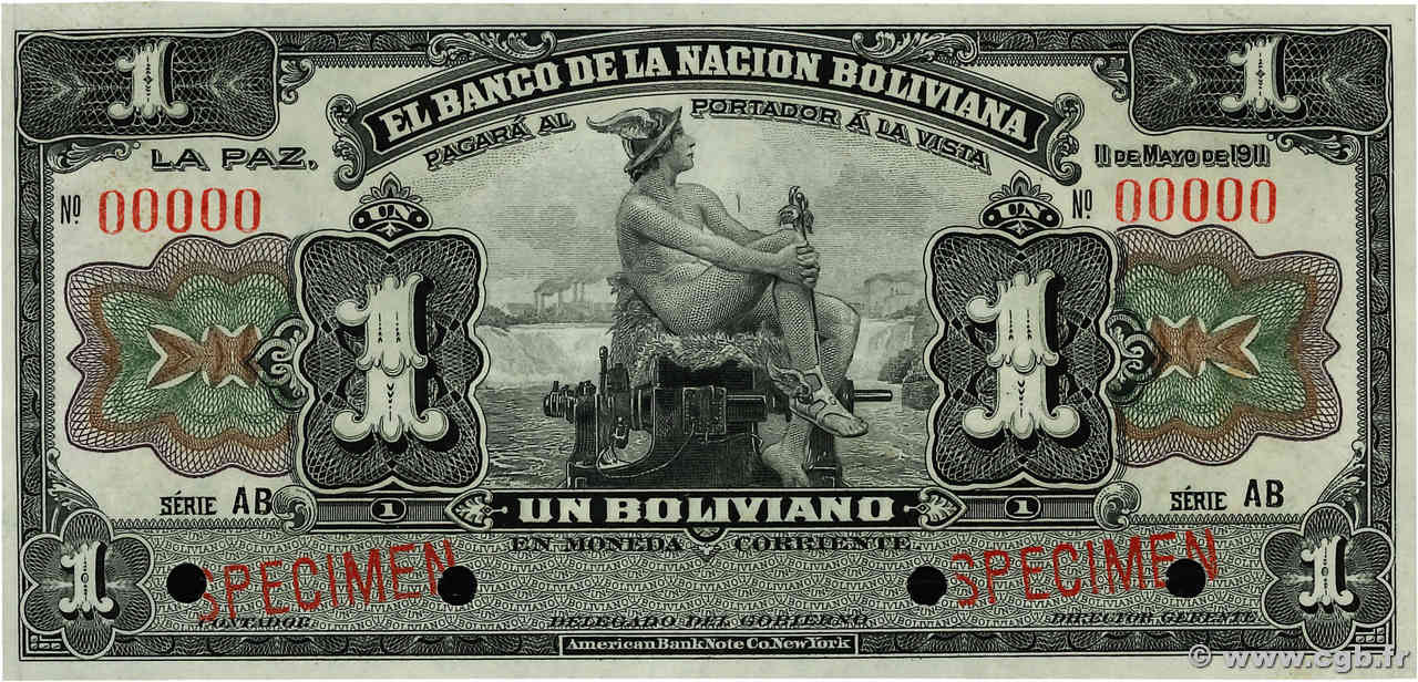 1 Boliviano Spécimen BOLIVIA  1911 P.102s AU+