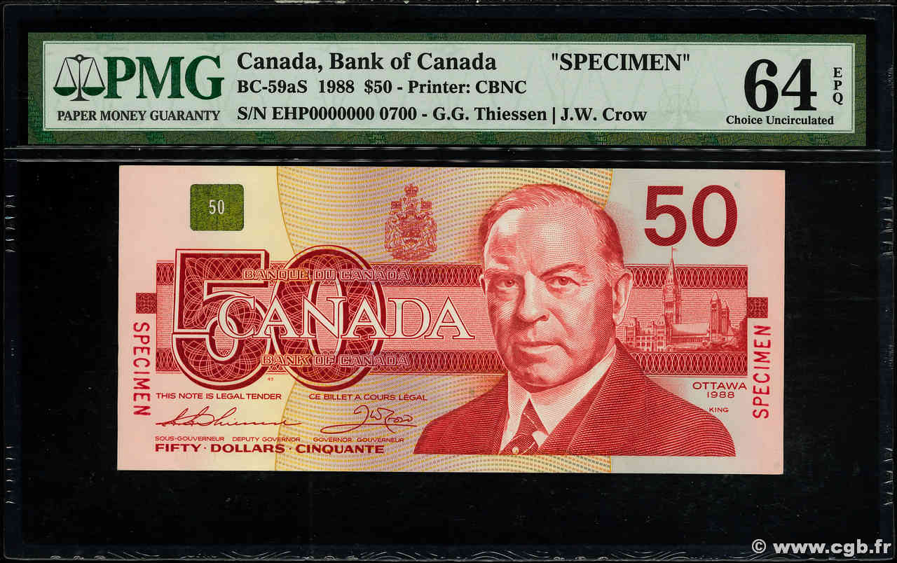 50 Dollars Spécimen CANADA  1988 P.098as q.FDC