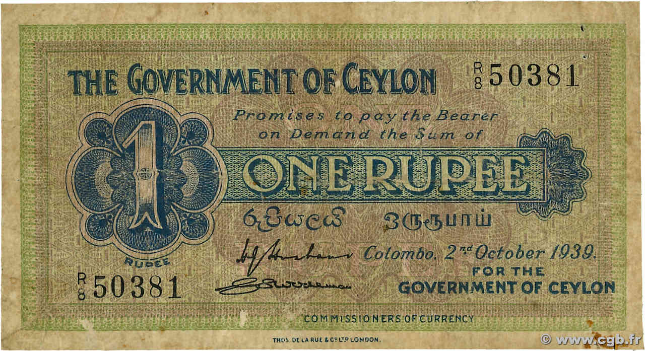 1 Rupee CEYLON  1939 P.16c VG
