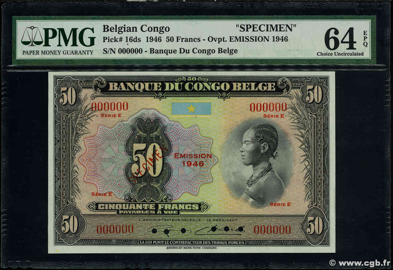 50 Francs Spécimen CONGO BELGE  1946 P.16ds pr.NEUF