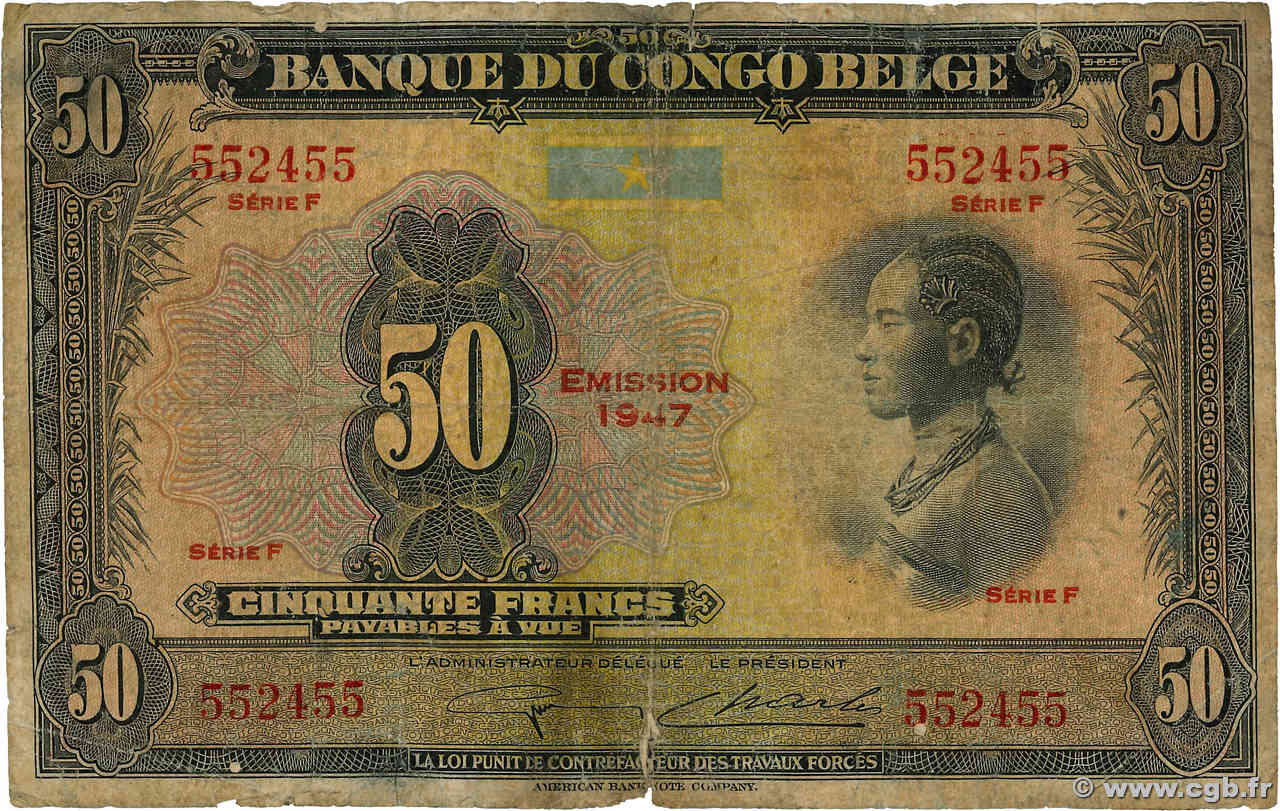50 Francs BELGIAN CONGO  1947 P.16e G