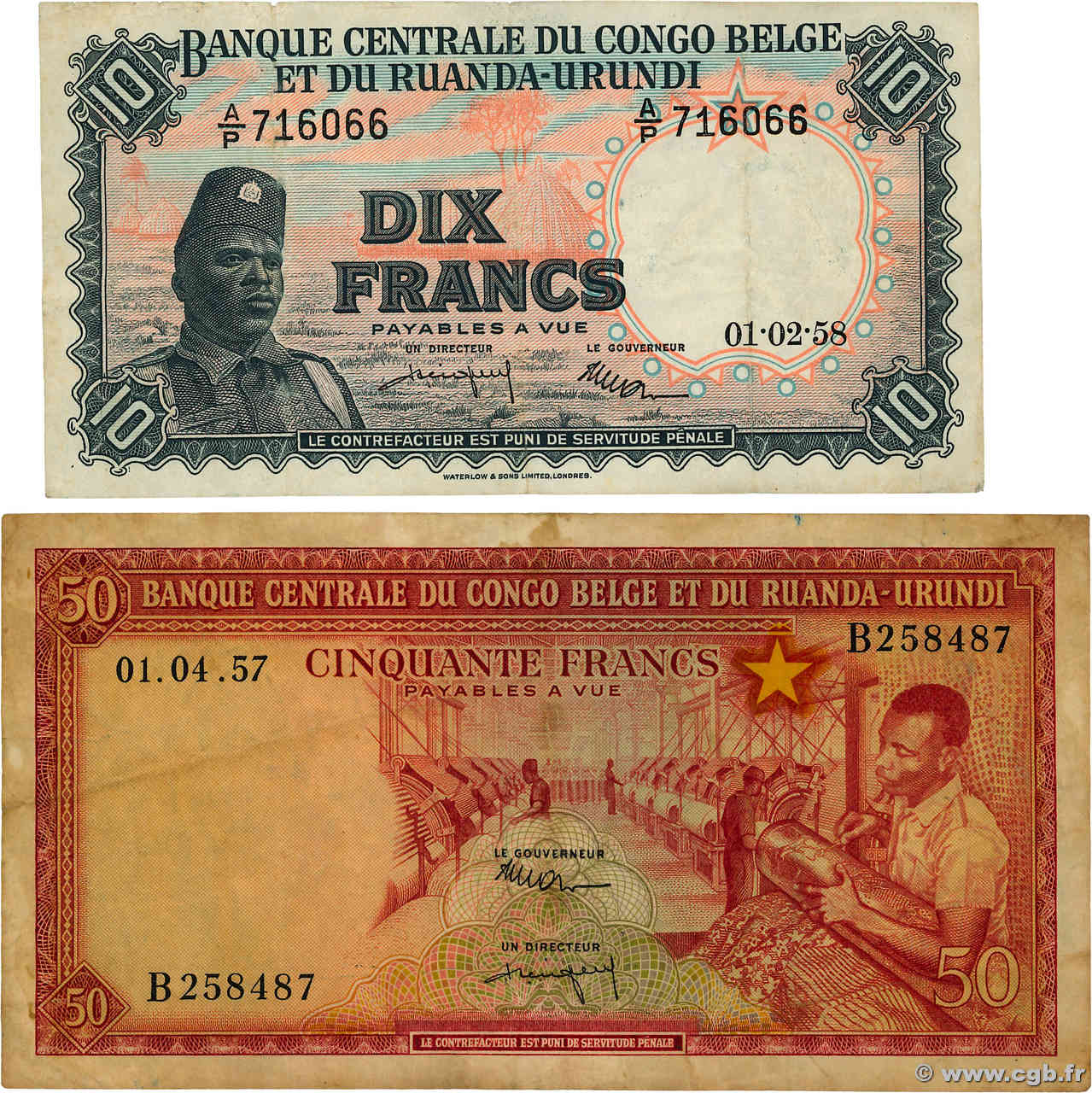 10 et 50 Francs Lot CONGO BELGE  1958 P.30b et P.32 TB