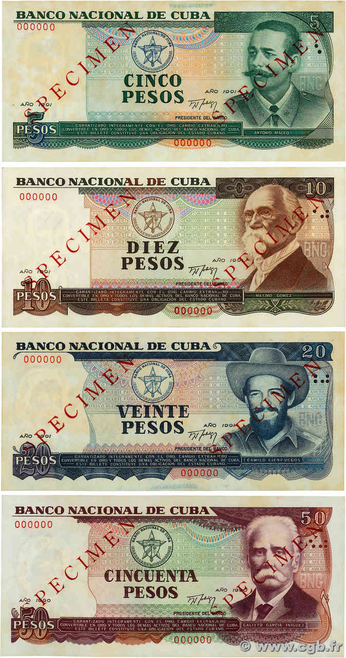 5, 10, 20, 50 Pesos Spécimen CUBA  1990 P.108s au P.111s AU