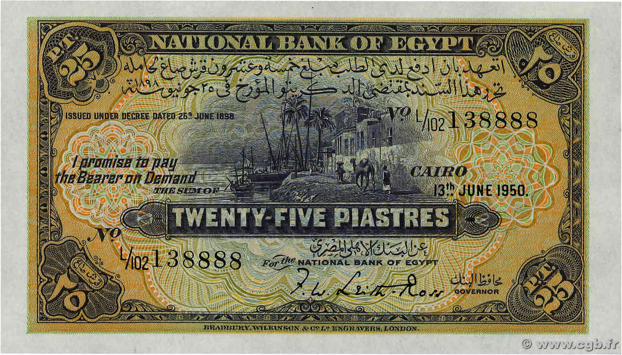 25 Piastres ÉGYPTE  1950 P.010d SPL+