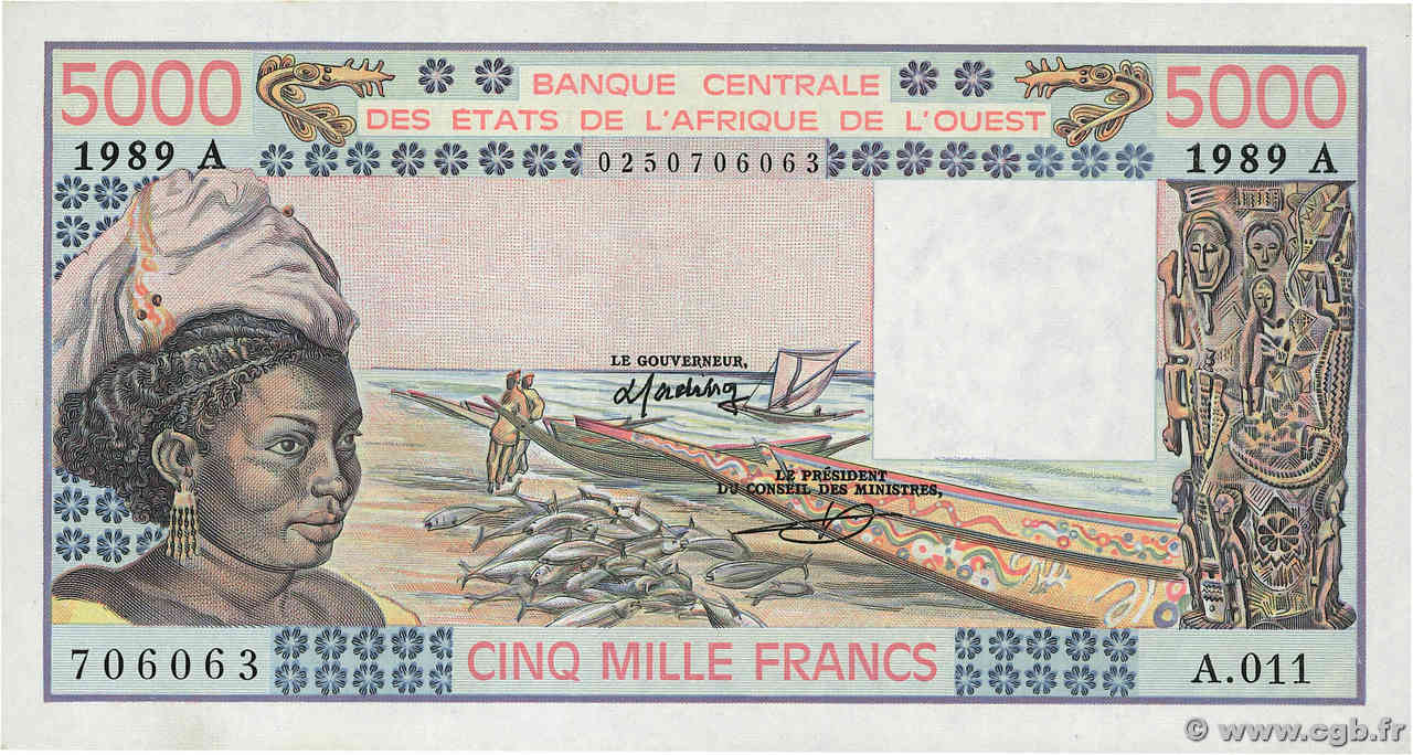 5000 Francs WEST AFRICAN STATES  1989 P.108Ag AU+