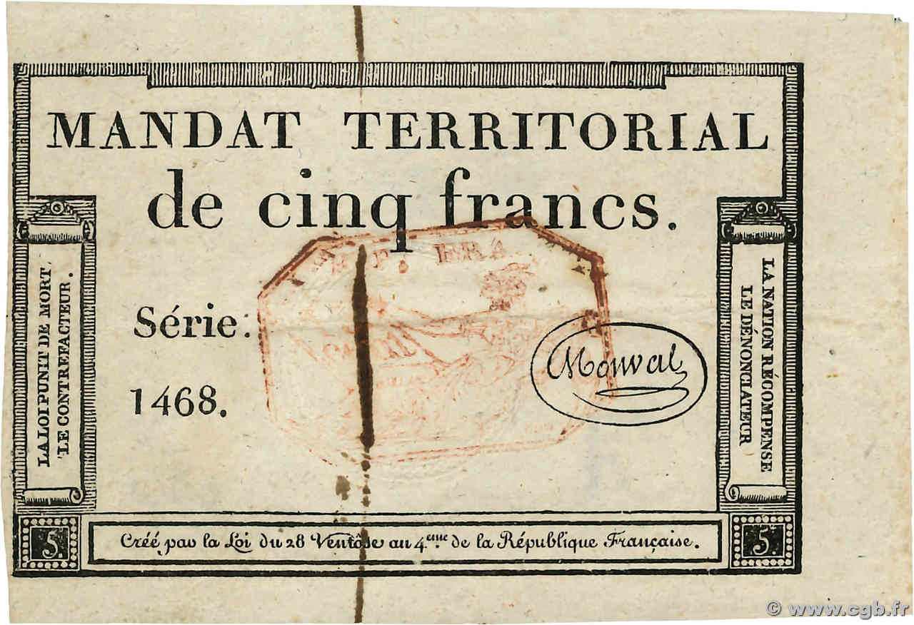 5 Francs Monval cachet rouge FRANCE  1796 Ass.63c pr.SPL