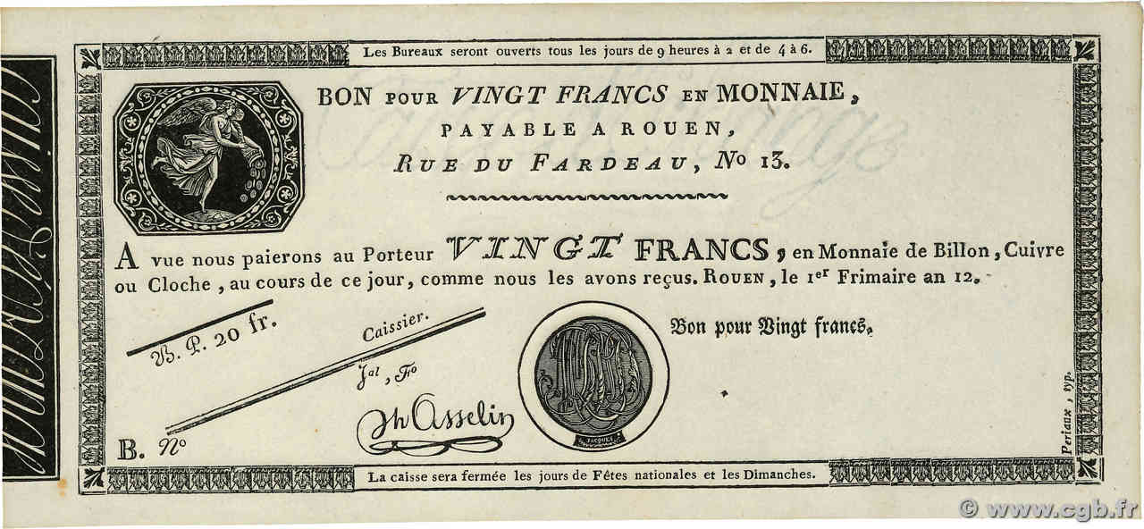 20 Francs Non émis FRANCIA Rouen 1803 PS.245b q.FDC