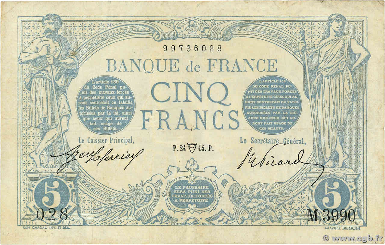 5 Francs BLEU FRANCE  1914 F.02.22 VF-
