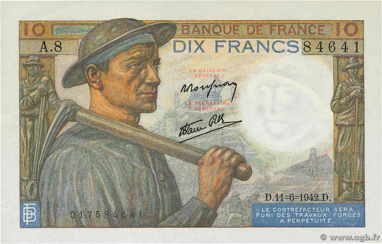 10 Francs MINEUR FRANCE  1941 F.08.01 AU+