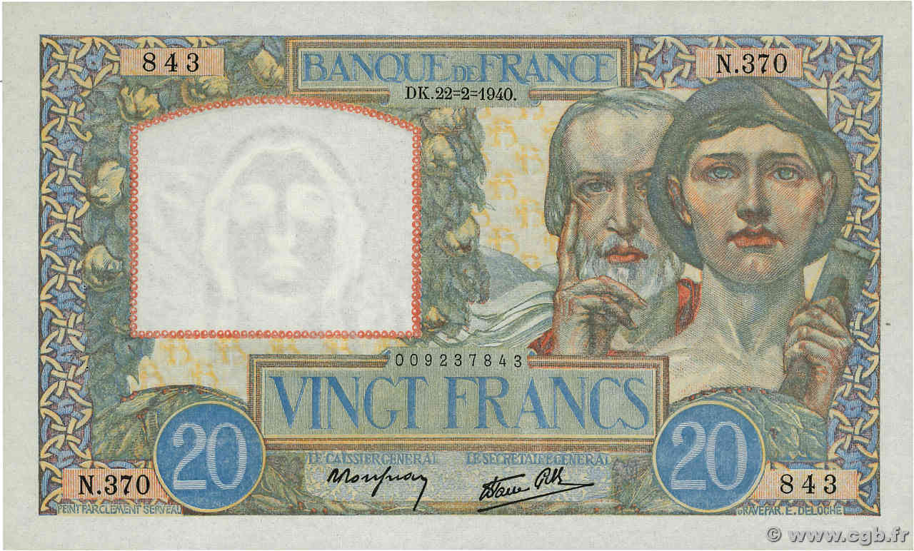 20 Francs TRAVAIL ET SCIENCE FRANCE  1940 F.12.02 XF+