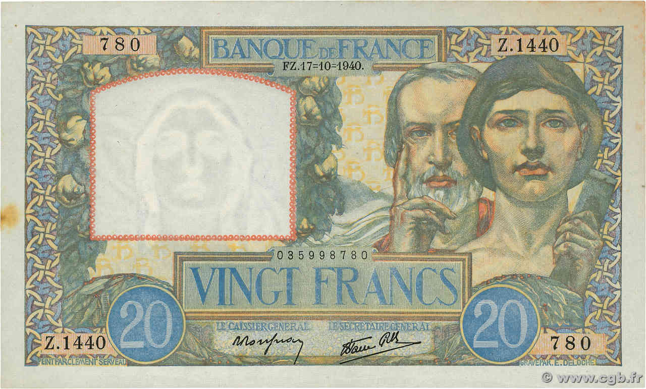 20 Francs TRAVAIL ET SCIENCE FRANCE  1940 F.12.09 VF+
