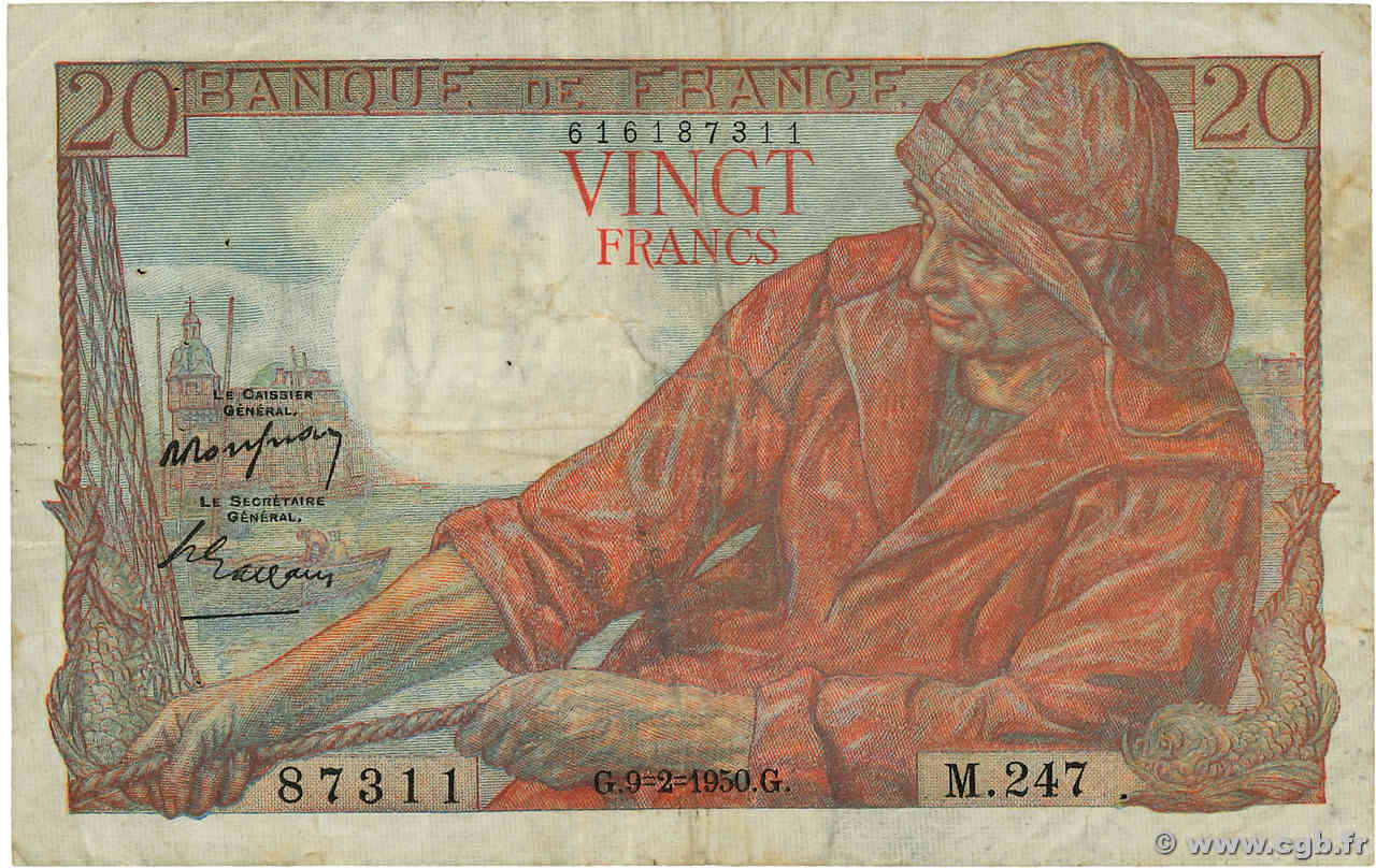 20 Francs PÊCHEUR Grand numéro FRANKREICH  1950 F.13.17a S