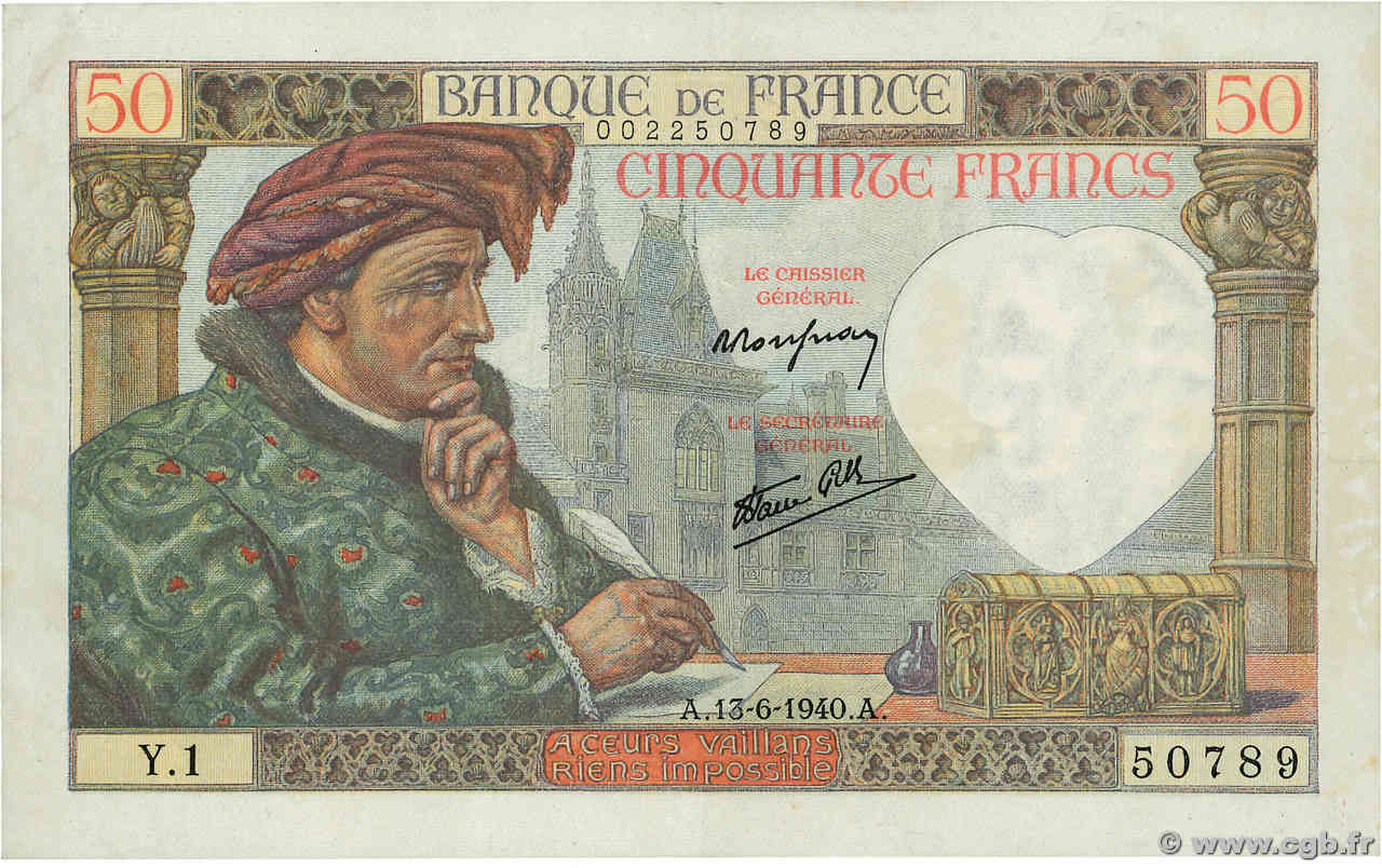 50 Francs JACQUES CŒUR FRANKREICH  1940 F.19.01 fVZ