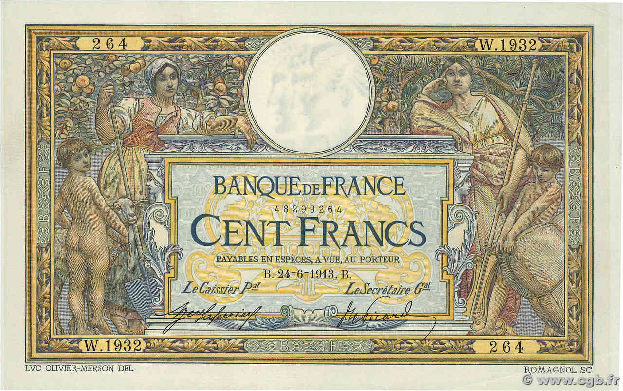 100 Francs LUC OLIVIER MERSON sans LOM FRANCE  1913 F.23.05 XF