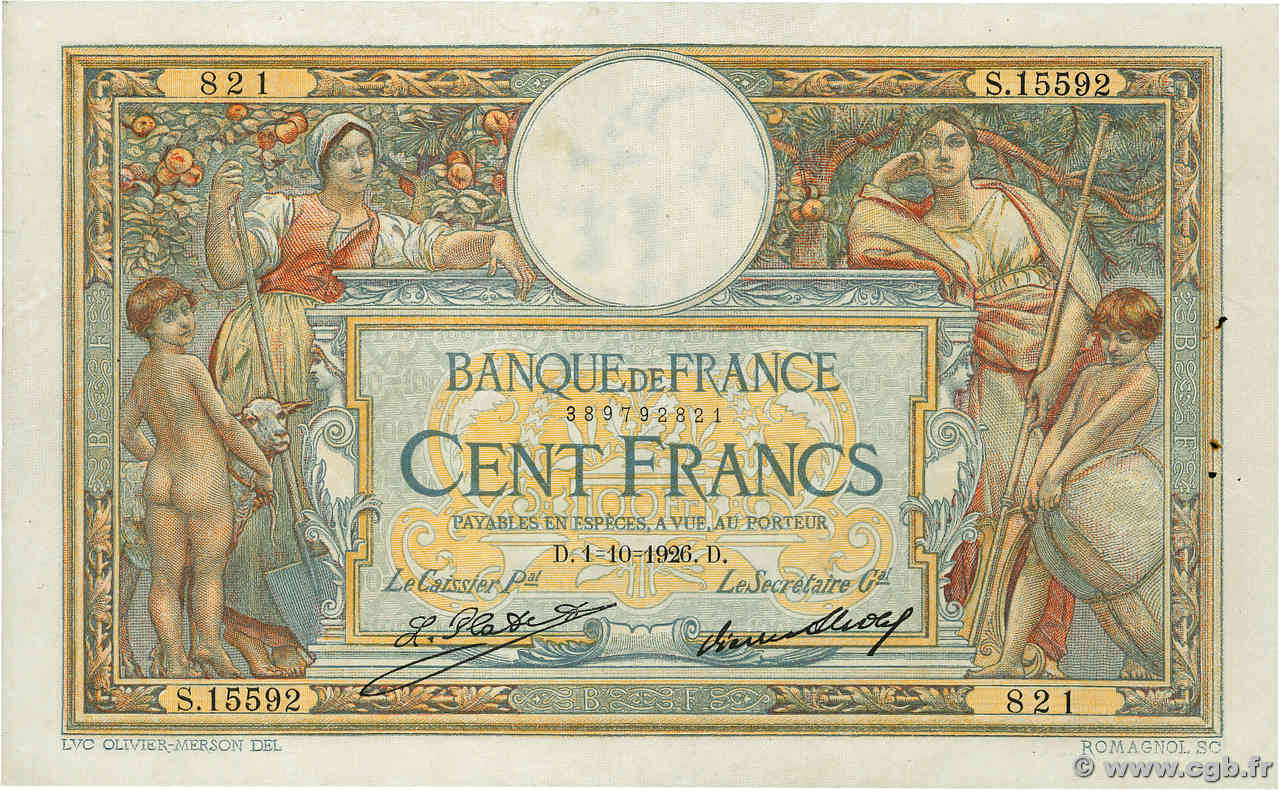 100 Francs LUC OLIVIER MERSON grands cartouches FRANCE  1926 F.24.05 XF-
