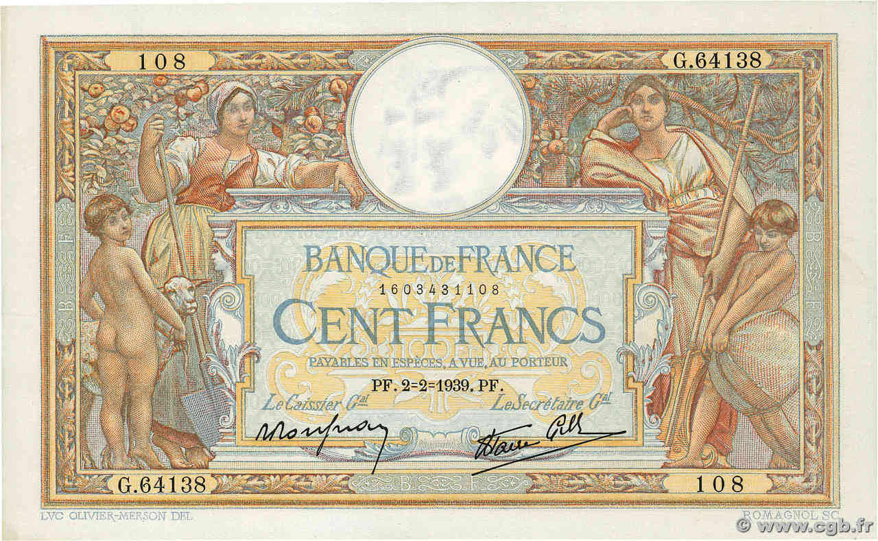 100 Francs LUC OLIVIER MERSON type modifié FRANCE  1939 F.25.41 XF