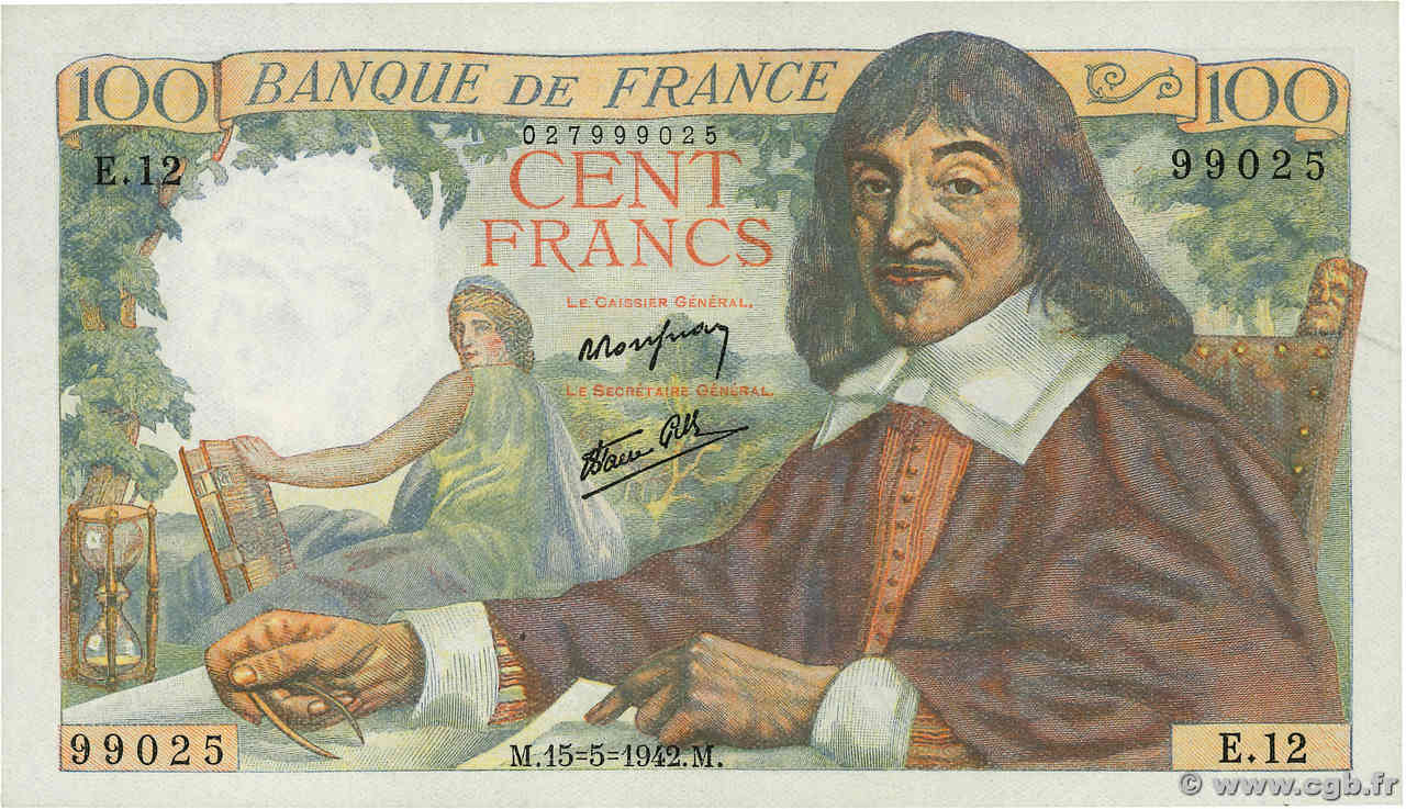 100 Francs DESCARTES FRANCIA  1942 F.27.01 SC