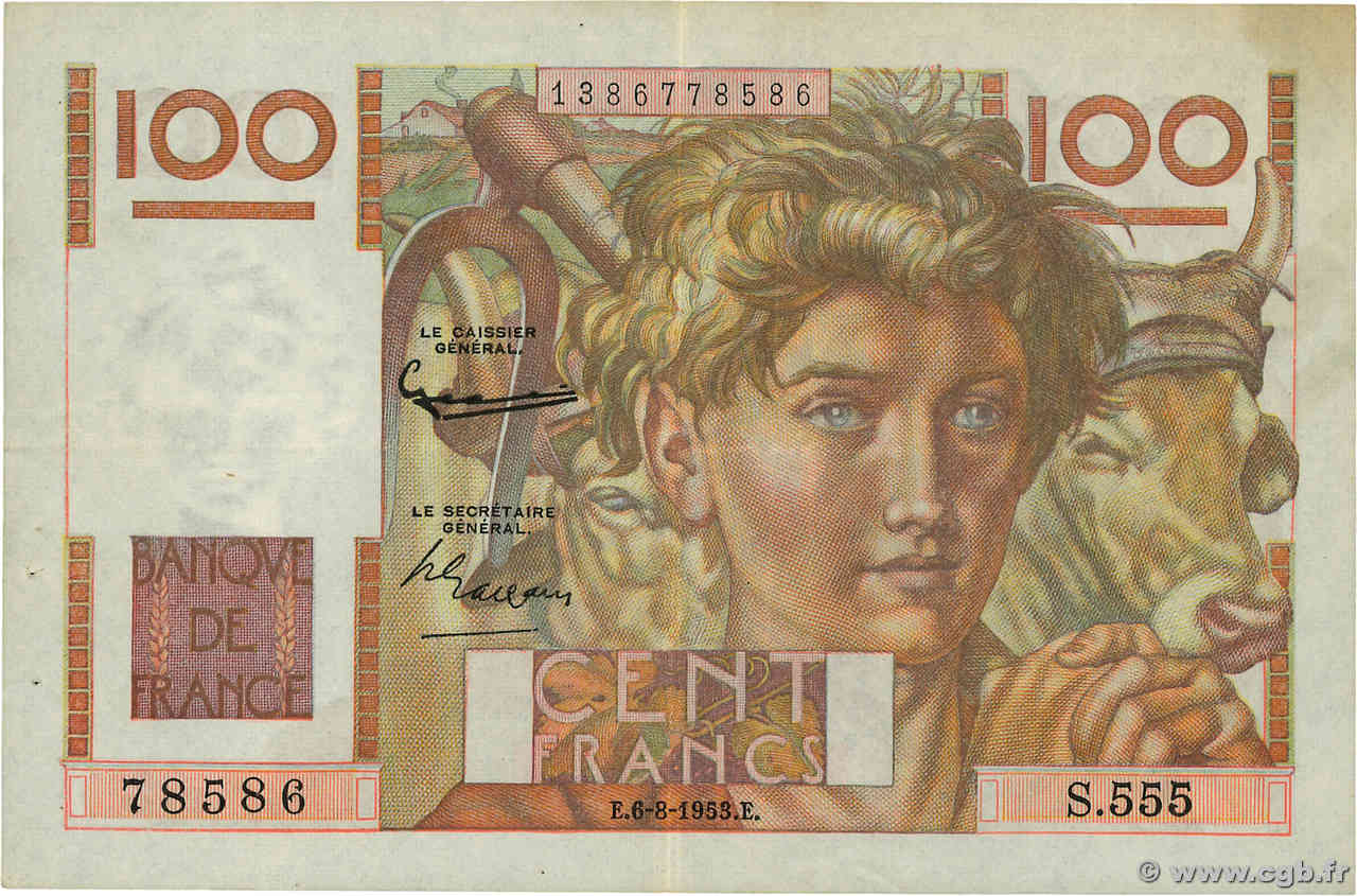 100 Francs JEUNE PAYSAN filigrane inversé FRANCIA  1952 F.28bis.02 MBC
