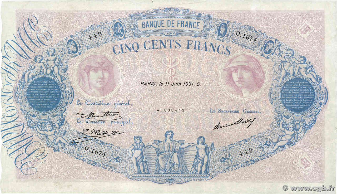 500 Francs BLEU ET ROSE FRANKREICH  1931 F.30.34 fVZ