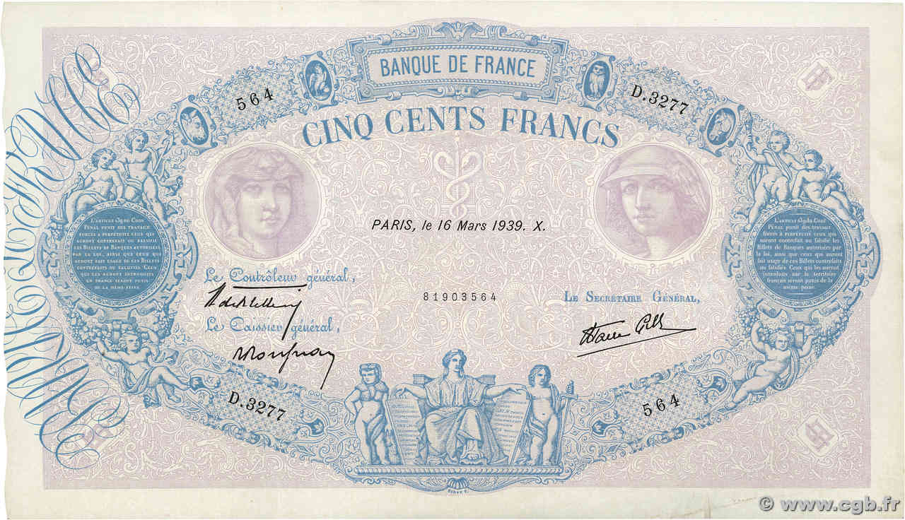 500 Francs BLEU ET ROSE modifié FRANKREICH  1939 F.31.27 fVZ