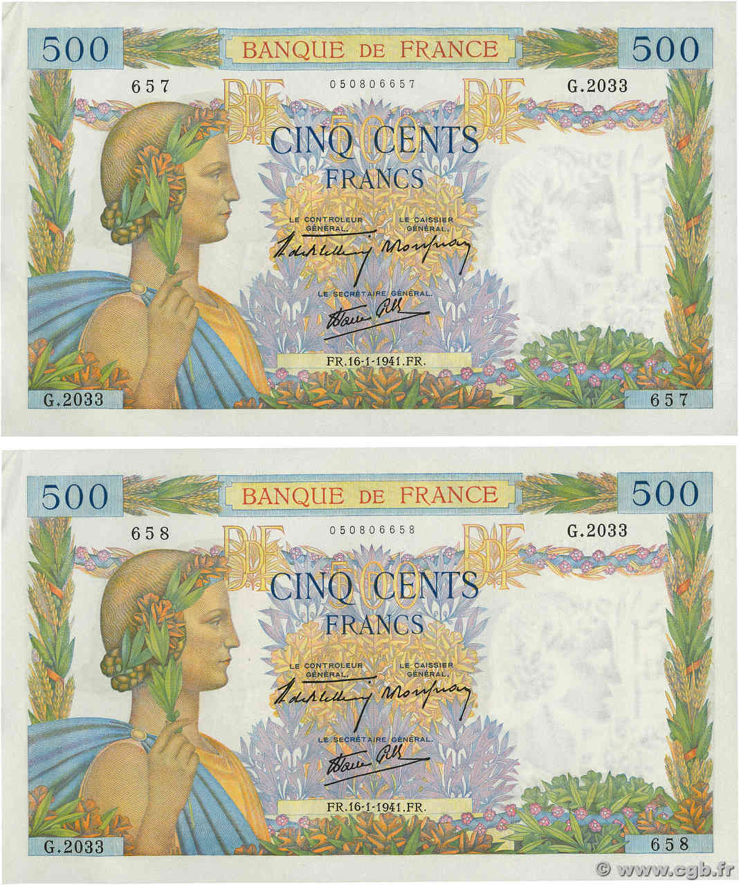 500 Francs LA PAIX Consécutifs FRANCIA  1941 F.32.13 SC+
