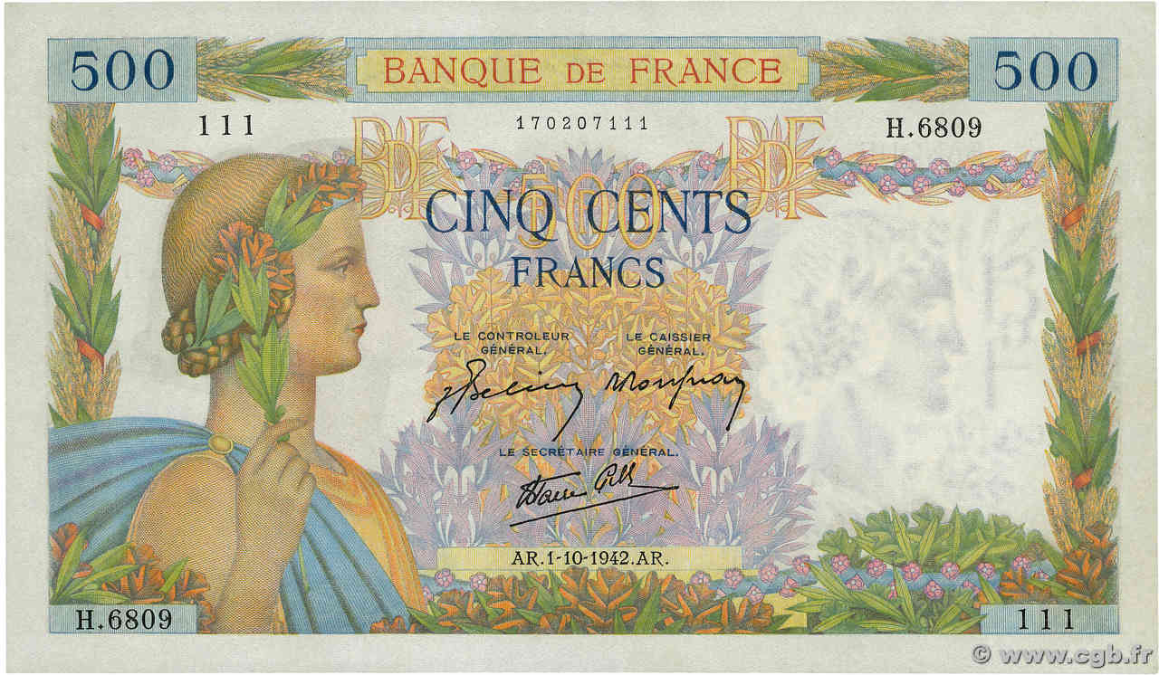 500 Francs LA PAIX Numéro spécial FRANCE  1942 F.32.41 SPL+