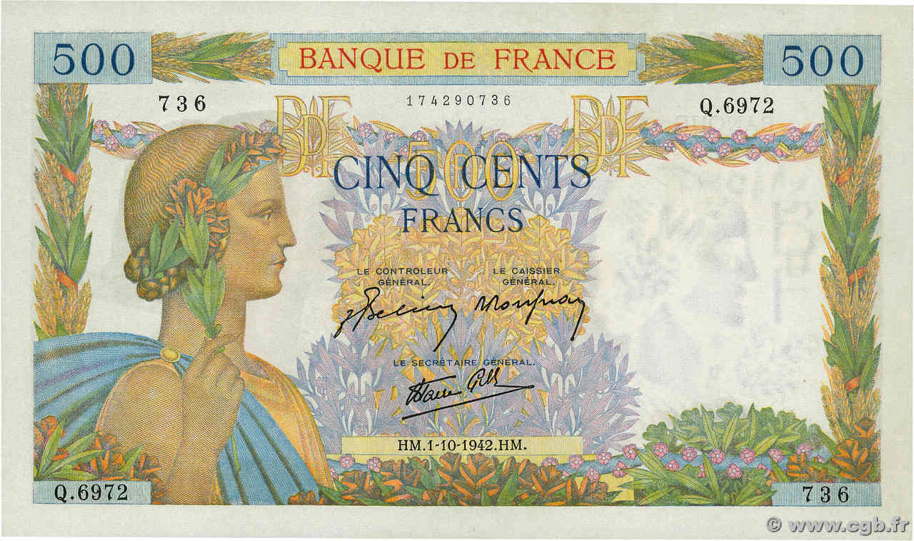 500 Francs LA PAIX FRANCE  1942 F.32.41 UNC-