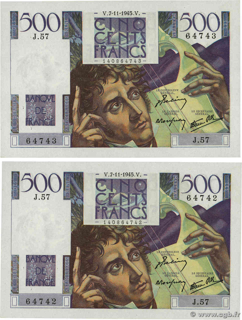 500 Francs CHATEAUBRIAND Consécutifs FRANCE  1945 F.34.03 SPL