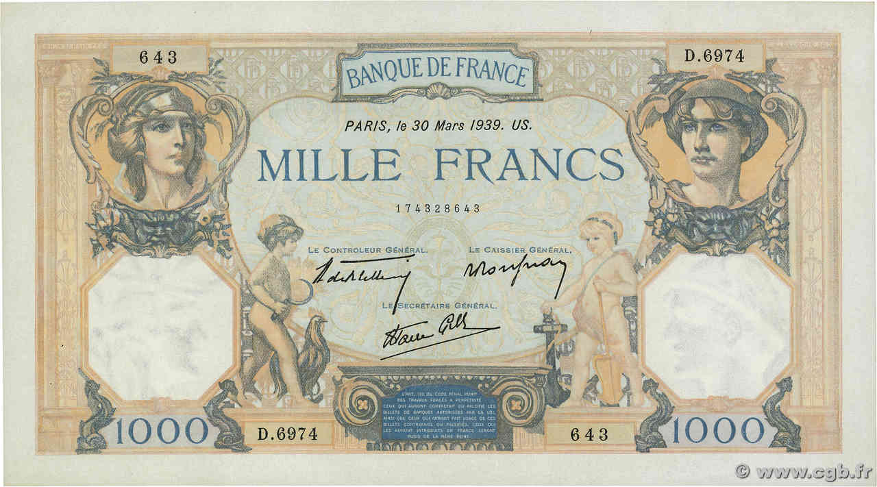 1000 Francs CÉRÈS ET MERCURE type modifié FRANCE  1939 F.38.35 SPL