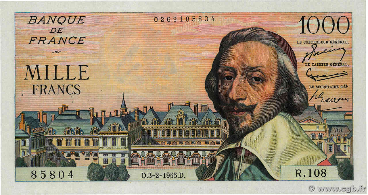 1000 Francs RICHELIEU FRANCE  1955 F.42.10 AU-