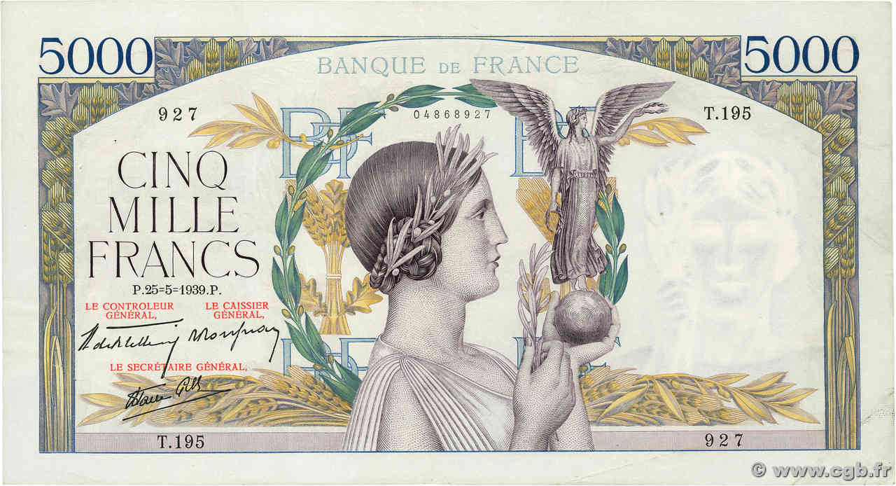 5000 Francs VICTOIRE Impression à plat FRANKREICH  1939 F.46.06 fVZ