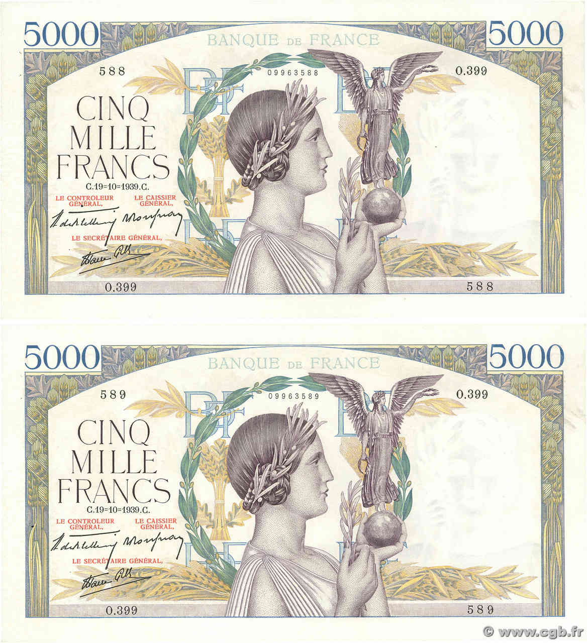 5000 Francs VICTOIRE Impression à plat Consécutifs FRANCIA  1939 F.46.15 EBC