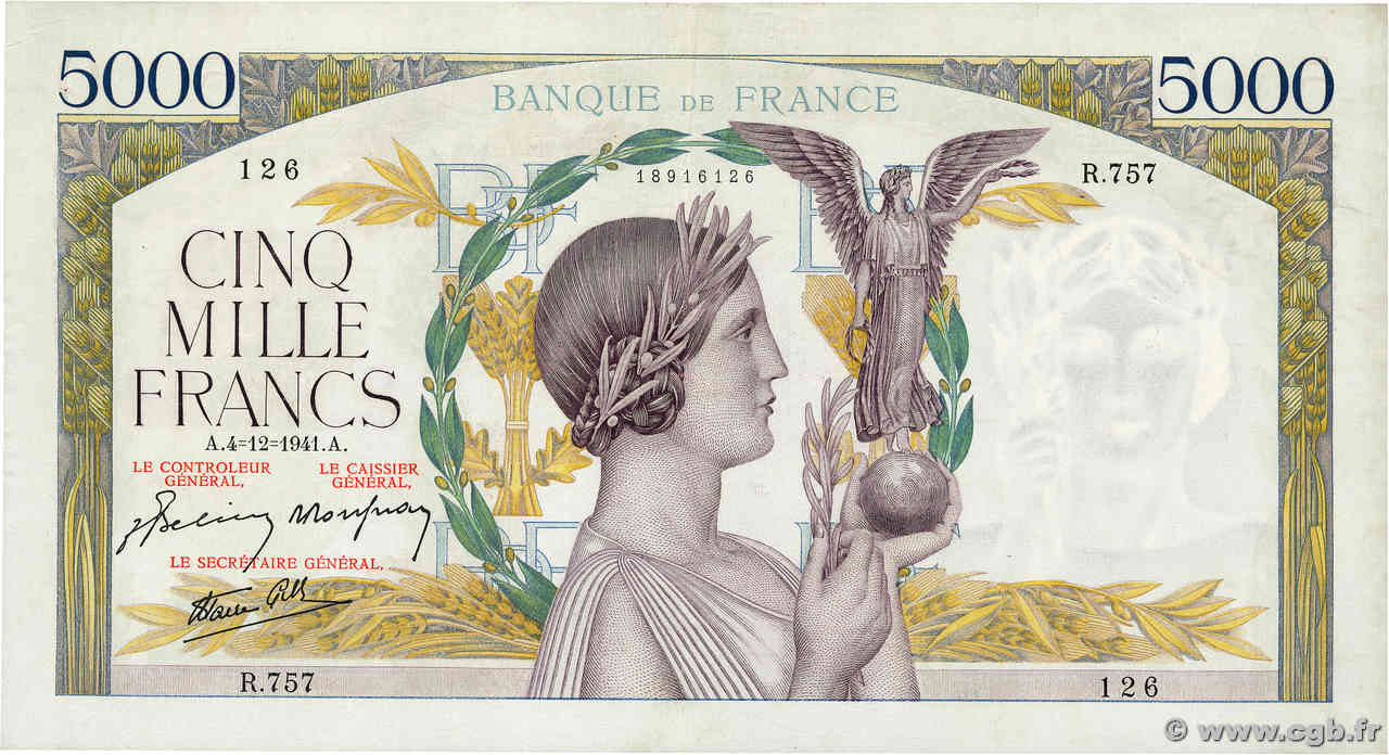 5000 Francs VICTOIRE Impression à plat FRANCE  1941 F.46.30 XF