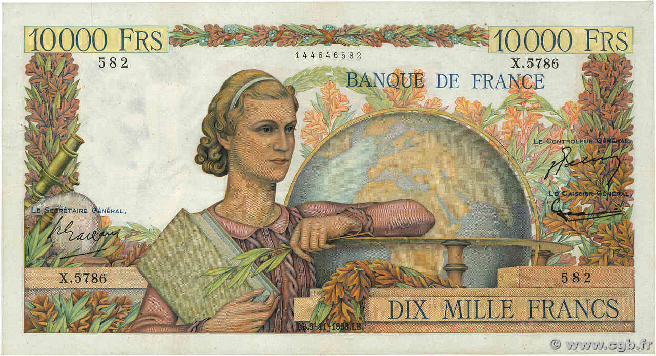 10000 Francs GÉNIE FRANÇAIS FRANCIA  1953 F.50.68 MBC+