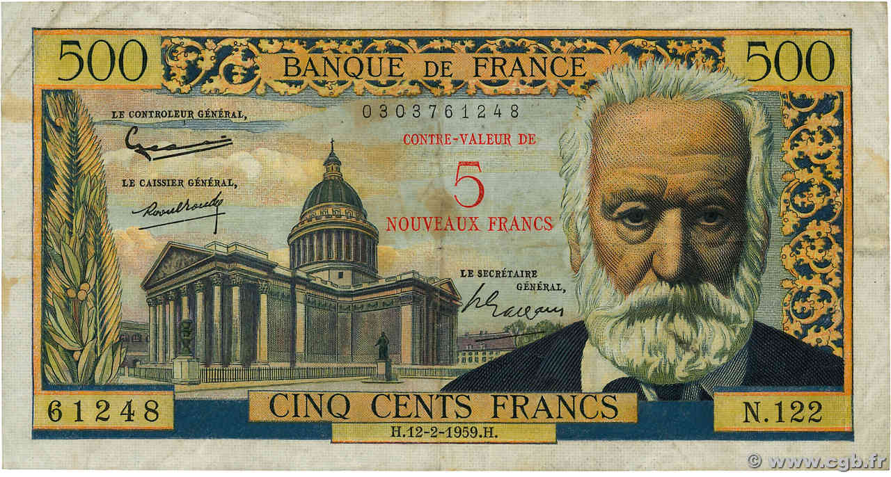 5 NF sur 500 Francs Victor HUGO FRANCE  1959 F.52.02 TB+