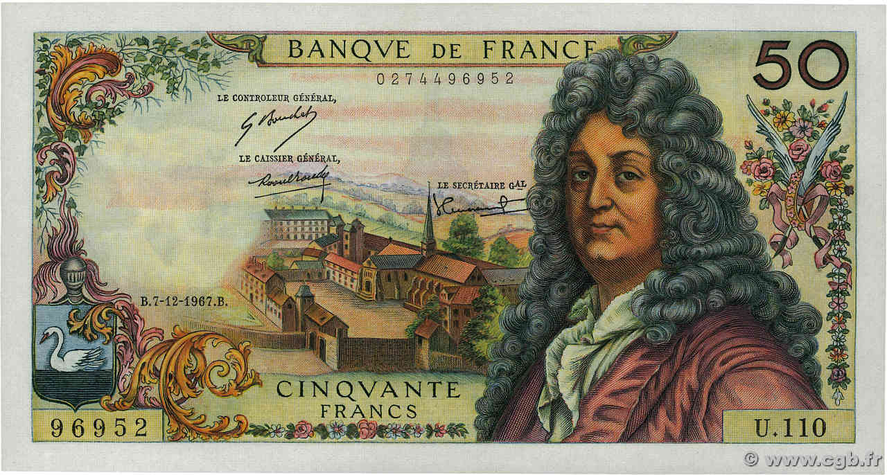 50 Francs RACINE FRANCIA  1967 F.64.10 AU+