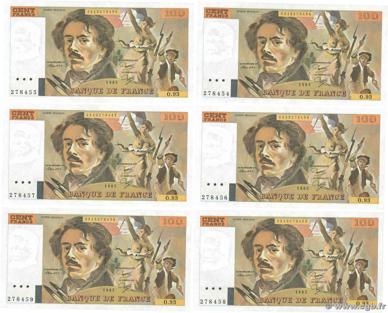 100 Francs DELACROIX modifié Consécutifs FRANCE  1985 F.69.09 AU