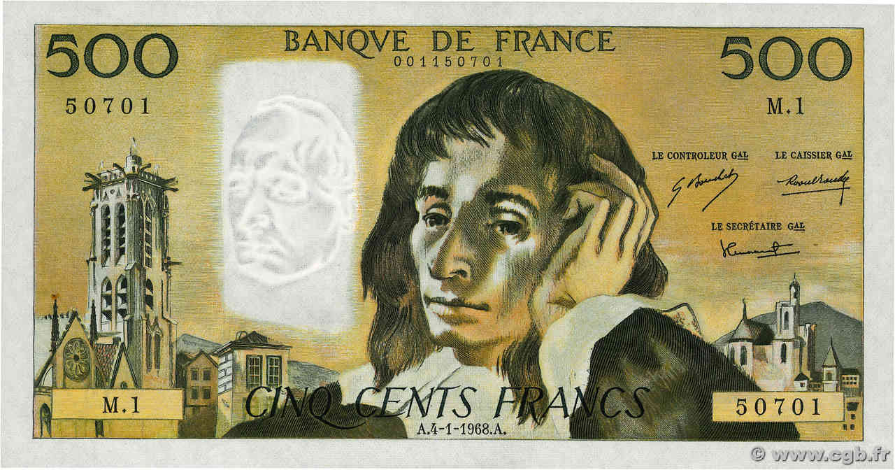 500 Francs PASCAL FRANCE  1968 F.71.01 AU-