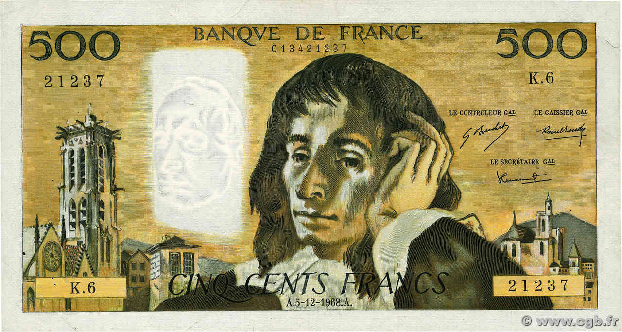 500 Francs PASCAL FRANCE  1968 F.71.02 F+