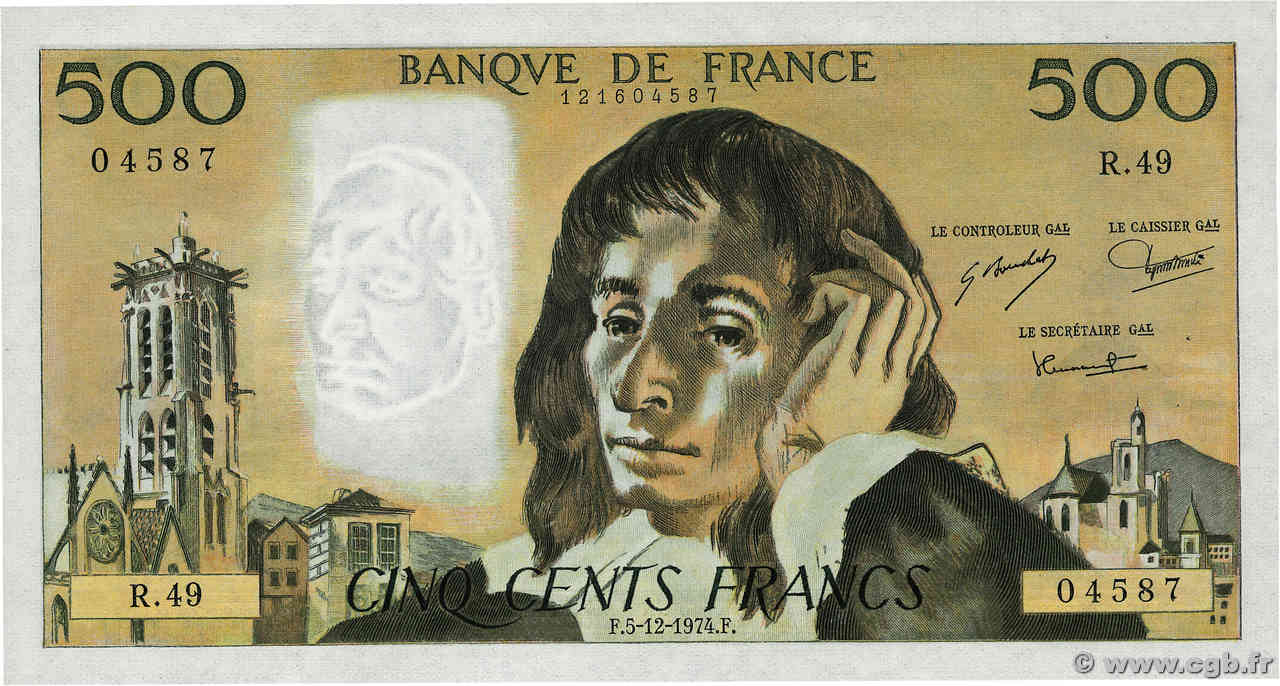 500 Francs PASCAL FRANKREICH  1974 F.71.12 fST
