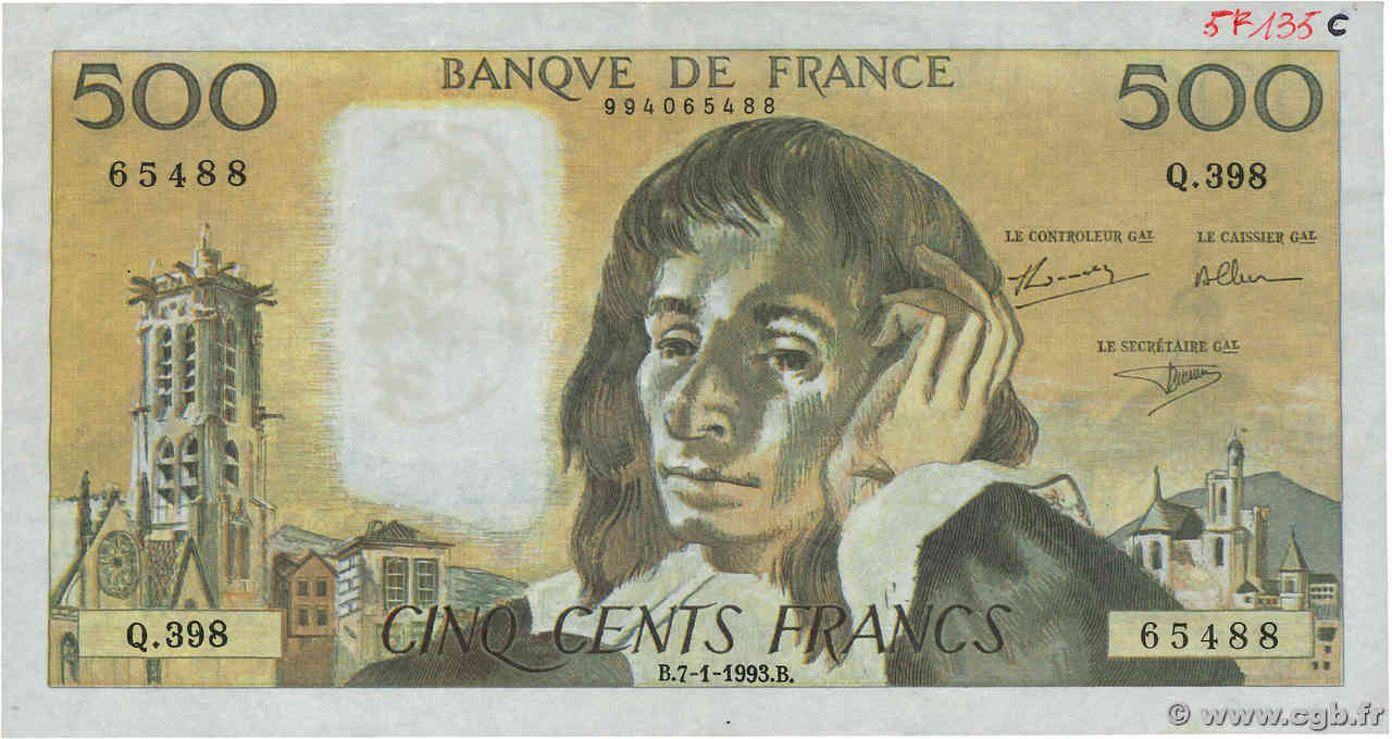 500 Francs PASCAL Faux FRANCE  1993 F.71.51x TTB+
