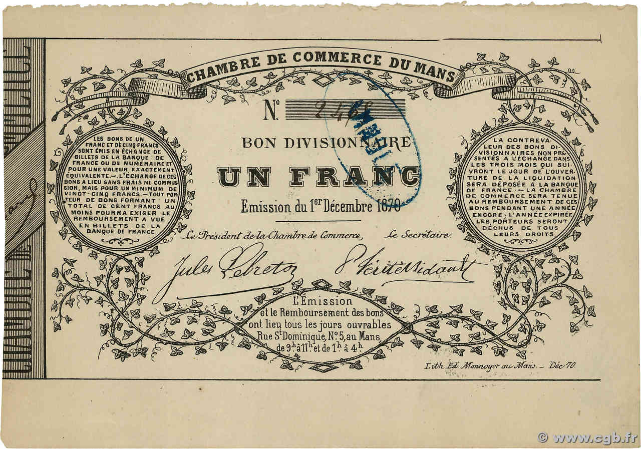 1 Franc Annulé FRANCE regionalism and various Le Mans 1870 BPM.099.01 XF+