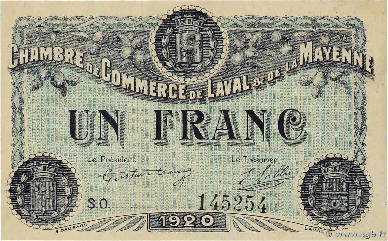 1 Franc FRANCE regionalism and various Laval 1920 JP.067.02var. XF+