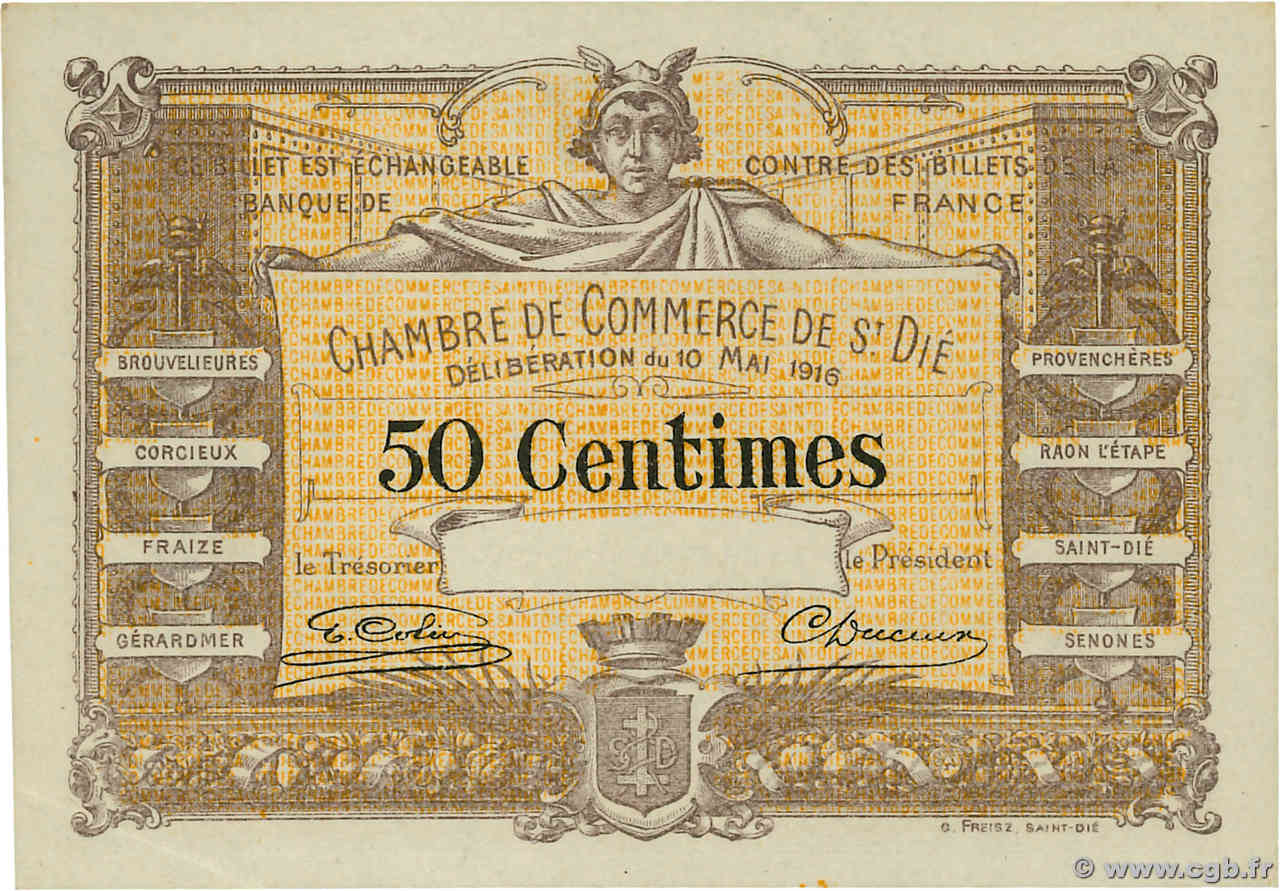 50 Centimes Spécimen FRANCE regionalism and various Saint-Die 1916 JP.112.06 XF
